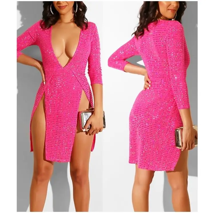 2019 High quality Garment Long Sleeve Sequins plunge Split Plus Size Dress Women Clothing