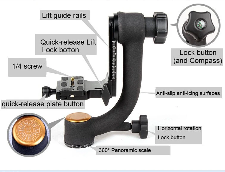 Professional Gimbal Tripod Head With Arcaswiss Quickrelease Plate