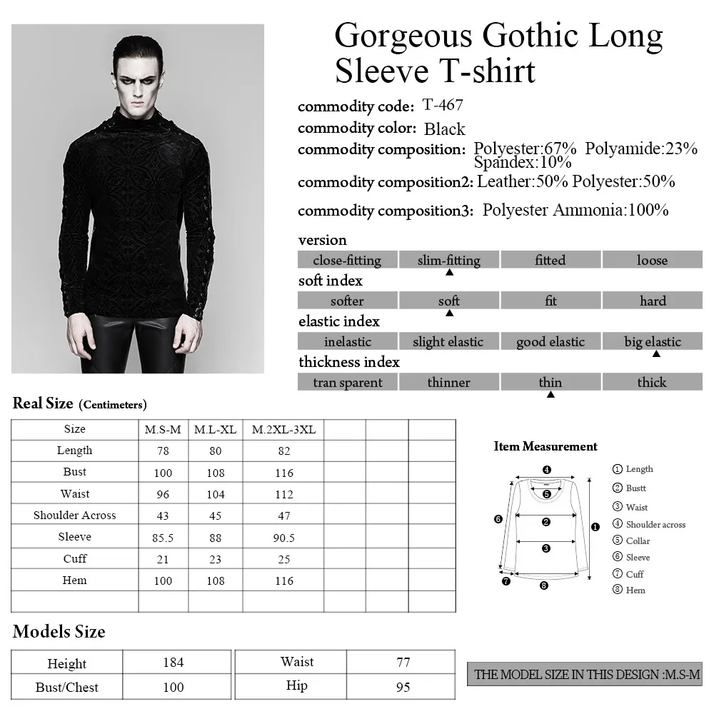 T-467 Vintage Mens Gorgeous Gothic BlackTight Fit Long Sleeve Plain Band T-shirt