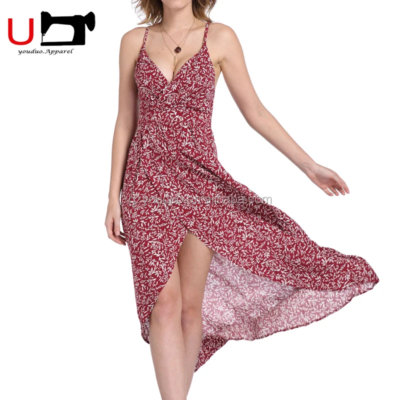 

Ladies' Floral Print Strap Dress Deep V- Neck Beach Maxi Women Casual Dress Guangzhou Cocktail Dresses, Wine red;dark blue;customized color