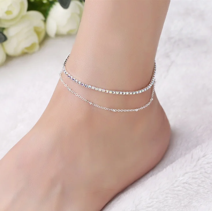 

Fashion euro-american bohemian fancy new latest design double chain tassel crystal jewelry anklet for women, Silver