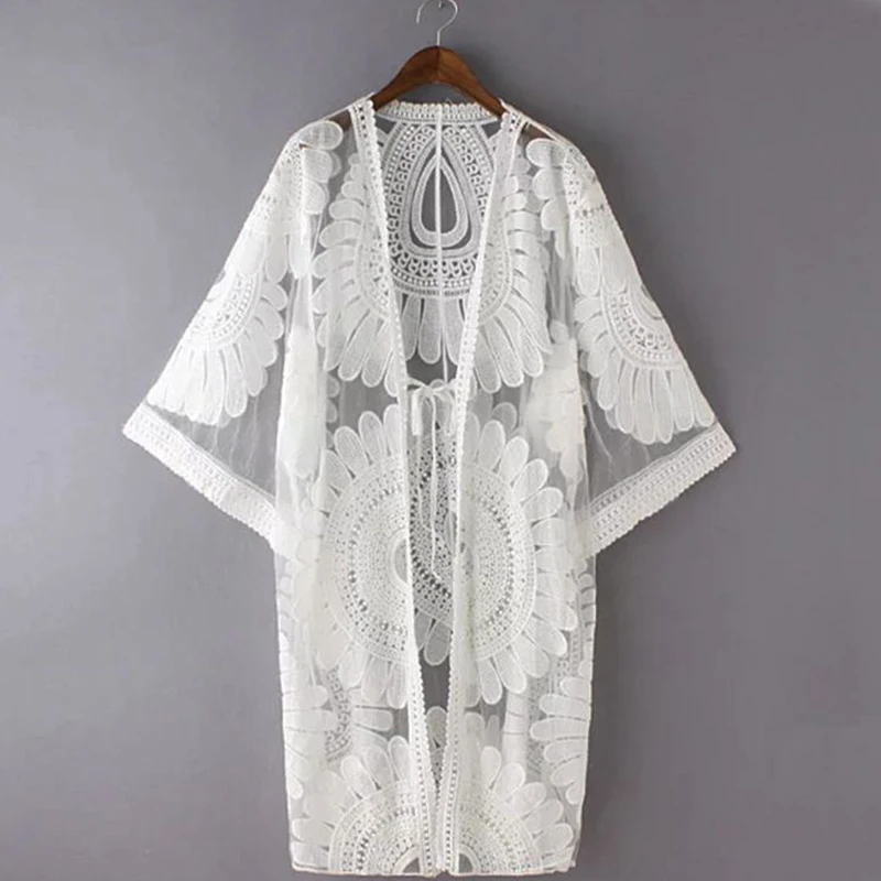 

Beach Wear Cover Up Floral Embroidered Beach Cardigan L38449, White