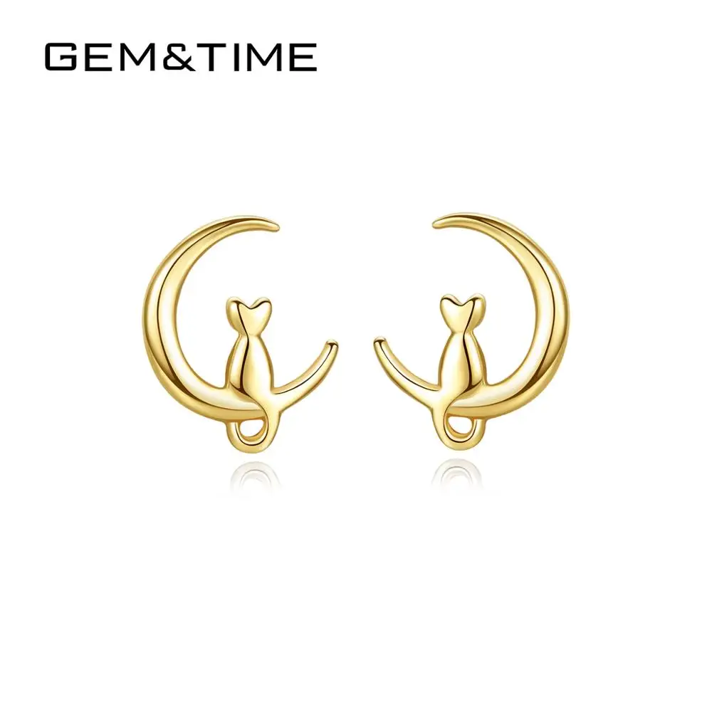 GEM&TIME Cute Cat 14K Solid Real Gold Earrings for Girls Korean Designs Factory Directly Sale