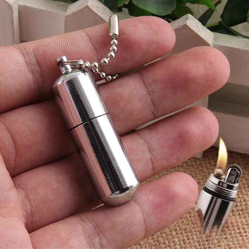 

Mini Outdoor Round Capsule Shape Keychain Flint Fire Starter Kerosene Lighter Bright Flame Customized AM055, One color