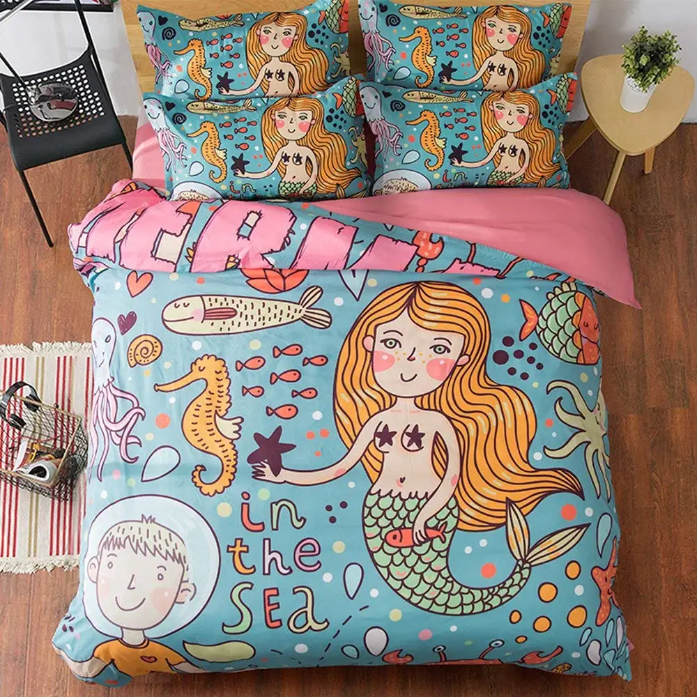 Mermaid Duvet Cover Set Queen Size Cartoon Mermaid In The Sea
