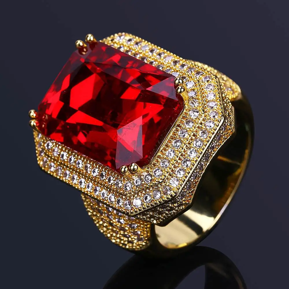 

Iced Out High Quality Micro Paved Square CZ Diamond bijoux hip hop gift Ring Red Rhinestone Rings