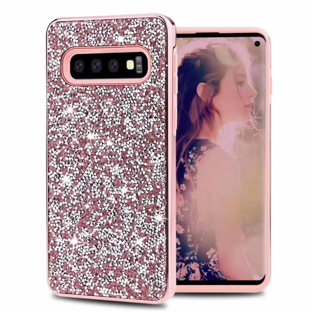 

Newest Glitter Bling Plating PC TPU Hybrid Electroplating Phone Case For Samsung S10 Diamond Stone Case Cover, Gold;pink;purple;black;blue;rose gold;silver