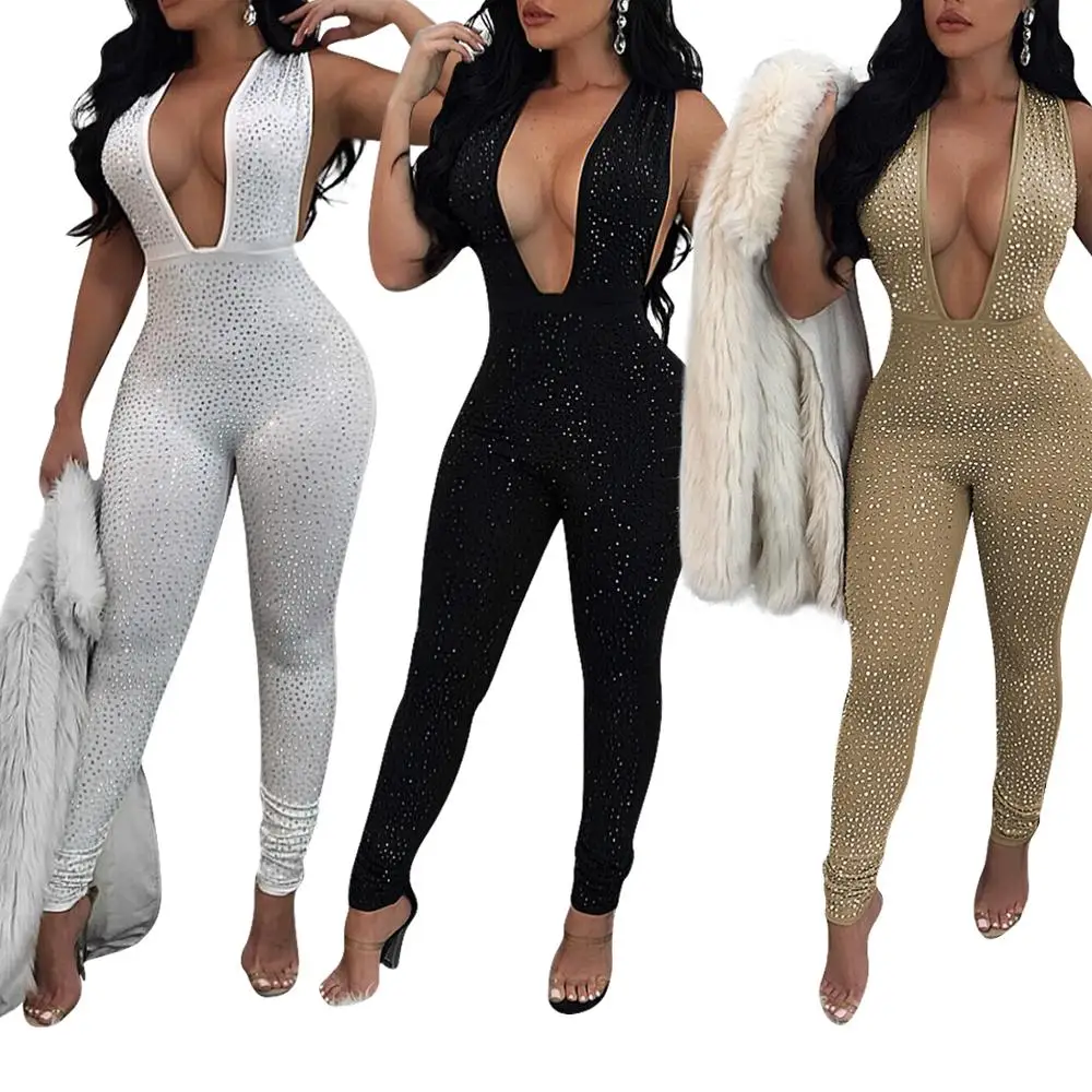 

Women sexy jumpsuit club wear for females Ladies Deep V Neck Sleeveless Sequin Rhinestone Bodycon Jumpsuit