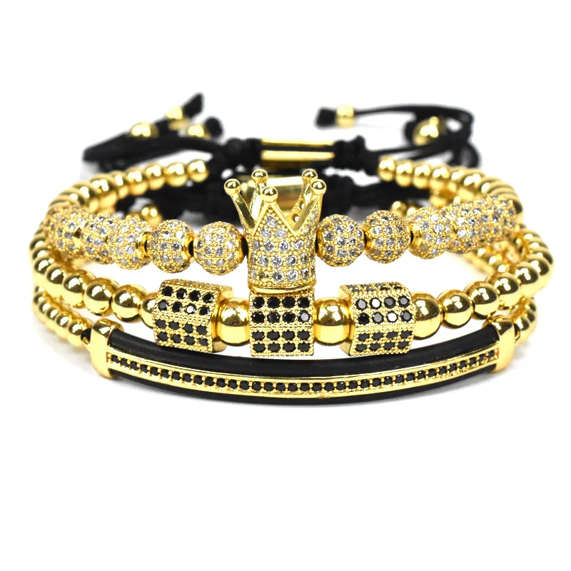

Luxury Design High Quality 3pcs/Set Micro CZ Pave Diamond Ball Silver Jewelry King Crown Charm Braided Macrame Bracelet, Gold ,rose gold ,silver ,black