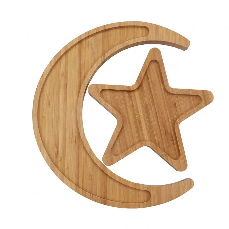 

Creative design star moon shape appetizer platter bamboo food serving tray, Natural color