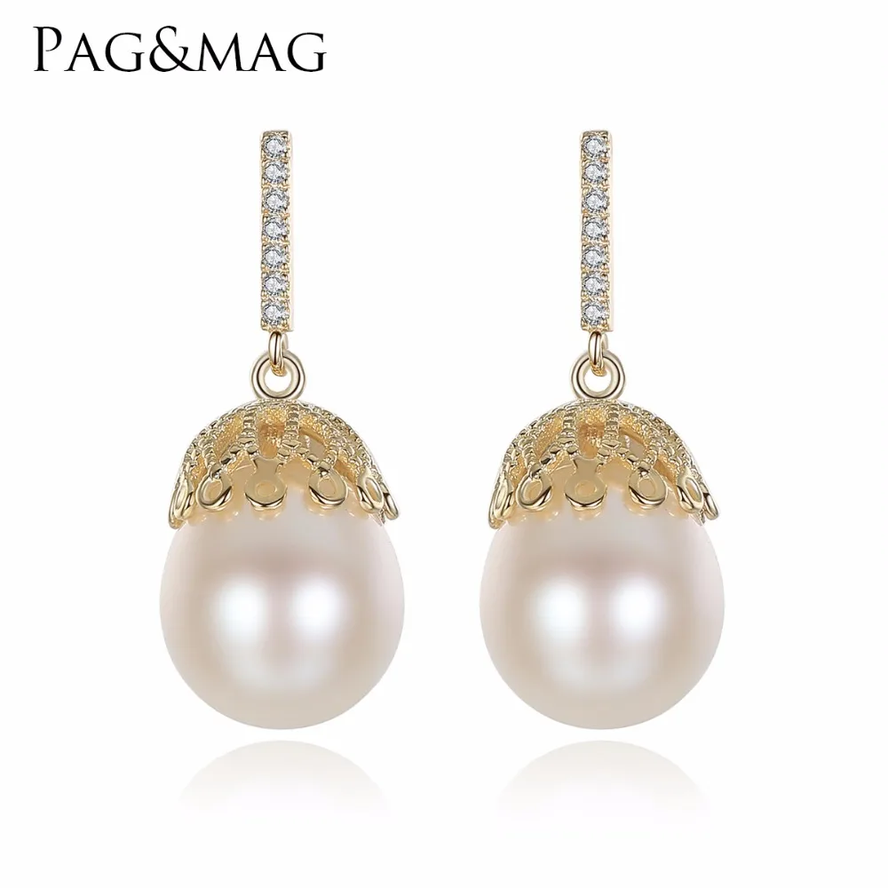 

Pag&Mag Charming Single Oval Fine Freshwater Pearl With S925 Sterling Silver Dangle Zircon Stone Drop Earring For Women Gift