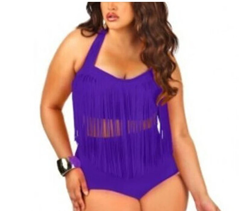 Plus Size Retro High Waist Tassel Two Pieces Braided Fringe Top Swimwear Bikini For Fat Women