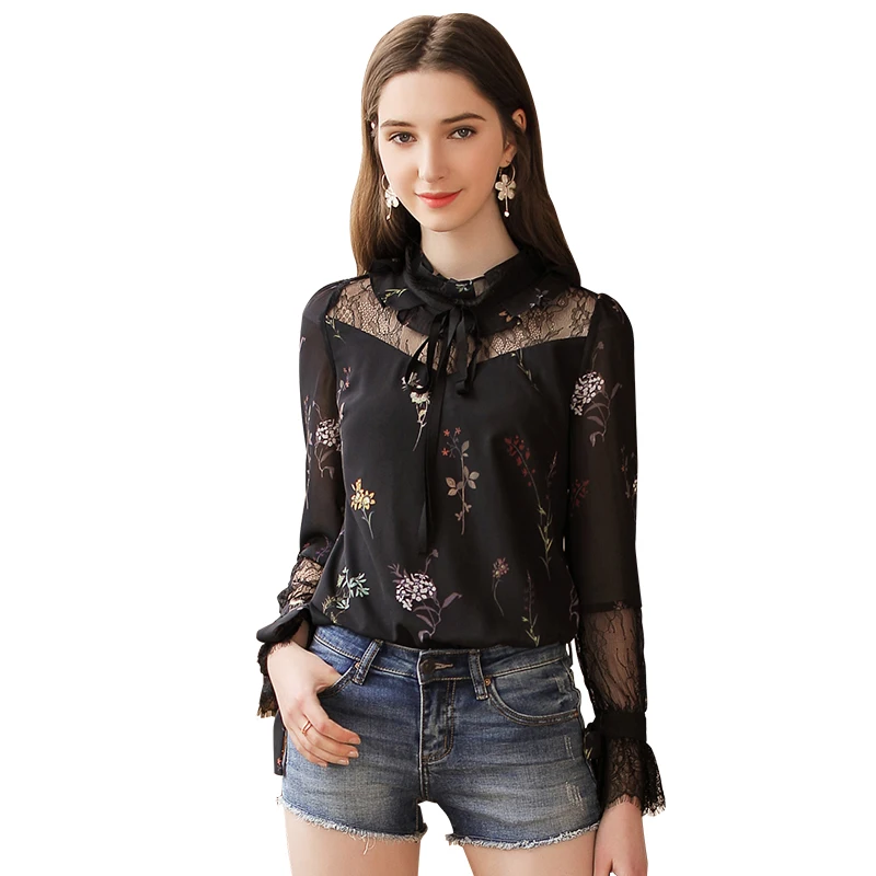 

2018 summer off-the-shoulder ruffled sleeves temperament ladies print chiffon shirt women blouse