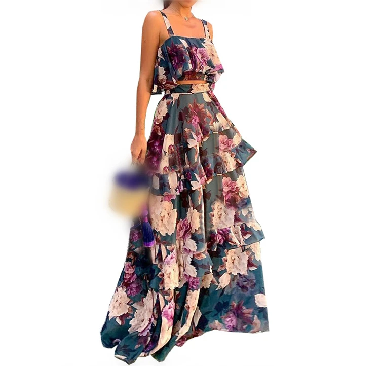 

Wholesale two piece crop top and maxi skirt sets layered floral ruffle cake dress