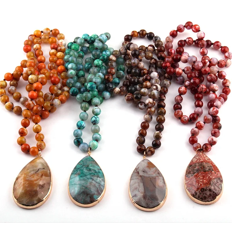 

Fashion Long Women Ethnic Necklace Natural Stone Agate Knotted Stone Pendant Necklace, 4 color