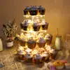 4 Tier Acrylic Round Birthday Wedding Party Cupcake Display Stand with LED String Lights Dessert Tree Tower