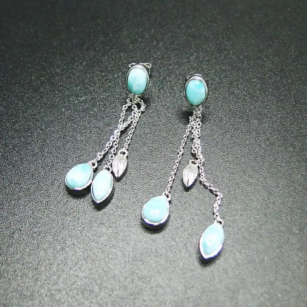 

Blue Larimar Dangle Chain Earrings For Women Rhodium Plated Fashion Jewelry