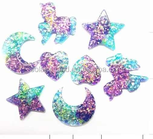 

Kawaii Glittery Galaxy Gradient Color Moon Star Heart Unicorn Resin Cabochons, Mixed color