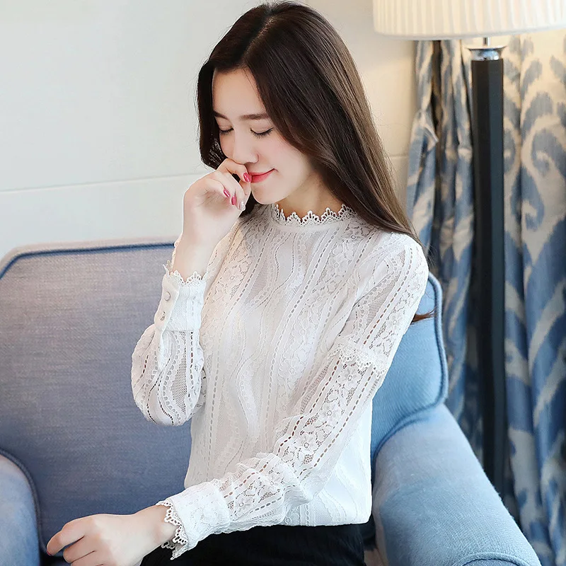 

or30048a hollow out stand collar ladies lace blouse women tops, White;black;green;yellow;red