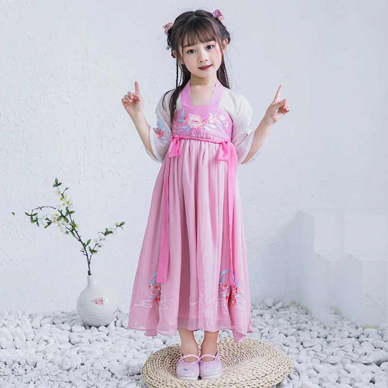 
Traditional Chinese Clothing Kids Embroidery Skirt 2 Piece Set Girls Hanfu Dress Tang Suit 