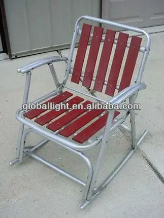 Vintage Aluminum Folding Redwood Wood Slat Lawn Rocking Chair