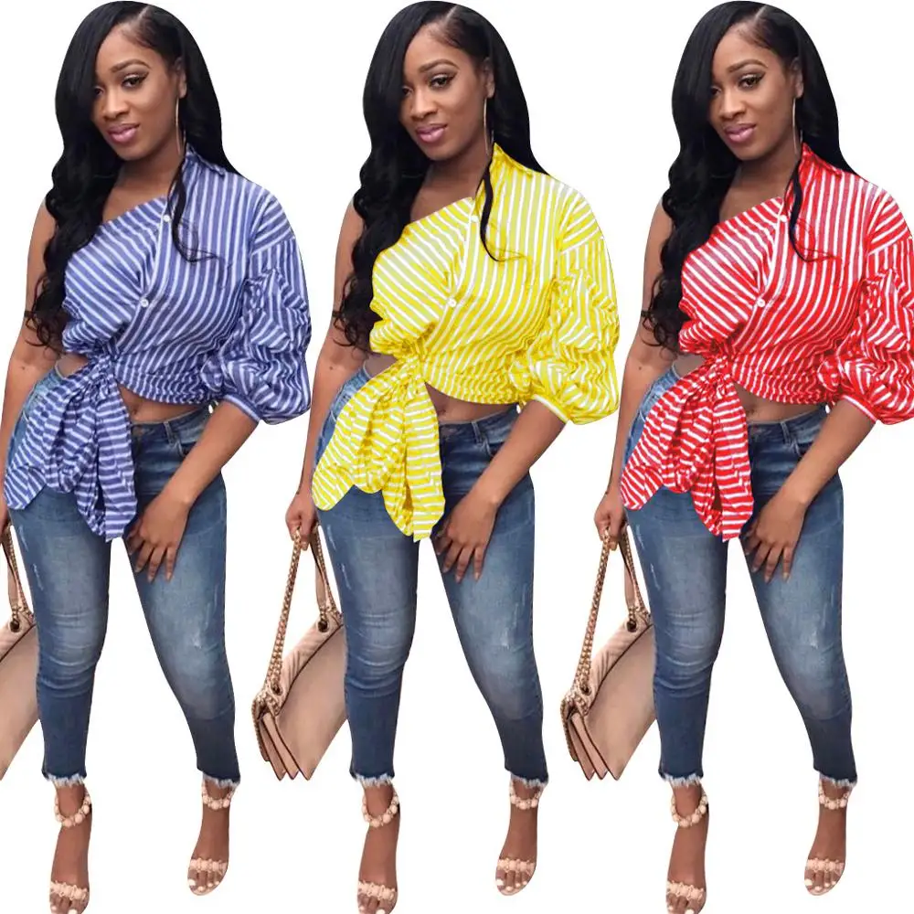 

FM-3750 2019 new style one shoulder irregular stripe casual shirt top blouse women
