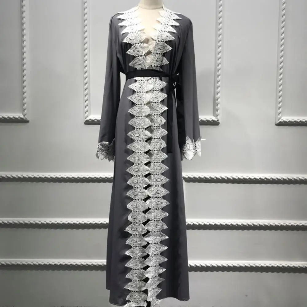 

2019 wholesale maxi islamic clothing front open knit muslim dress dubai abaya slim simple style Malays fancy abaya, Gray