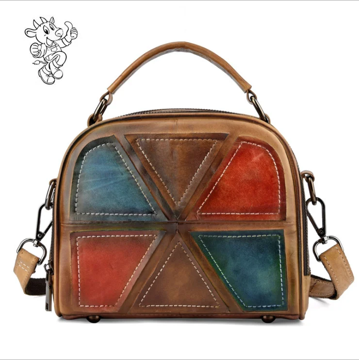 

Vintage Handmade Patchwork Brush Color 100% Genuine Leather Women Handbags Ladies Tote Hand Bags