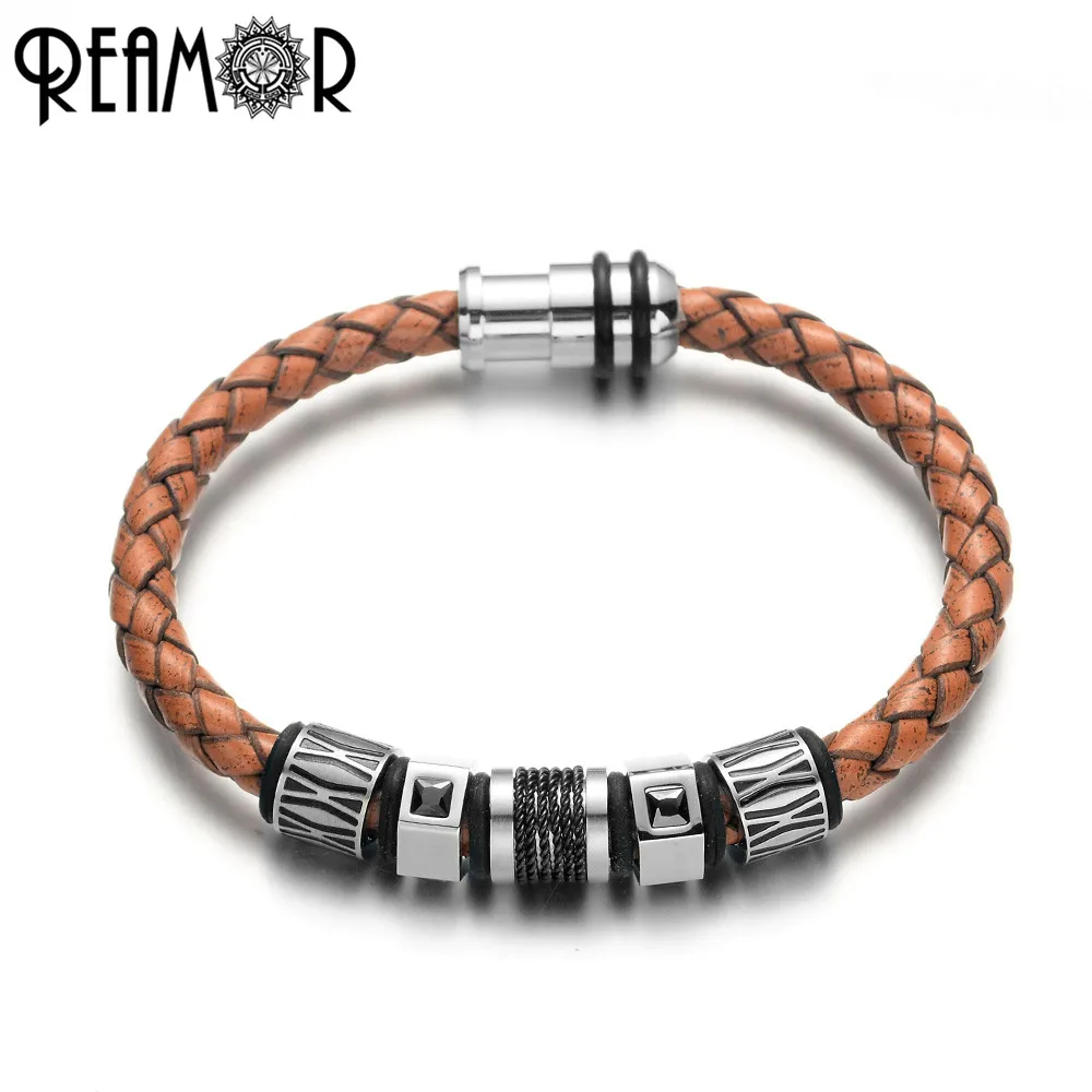 

REAMOR Free Shipping 316L Stainless Steel Magnet Clasp CZ Beads Genuine Leather Braided Bracelet