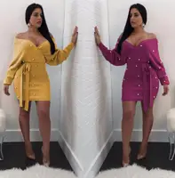 

4 Colors Pearl Off Shoulder Outwear Pullover In Sweater Dresses Women Knitted