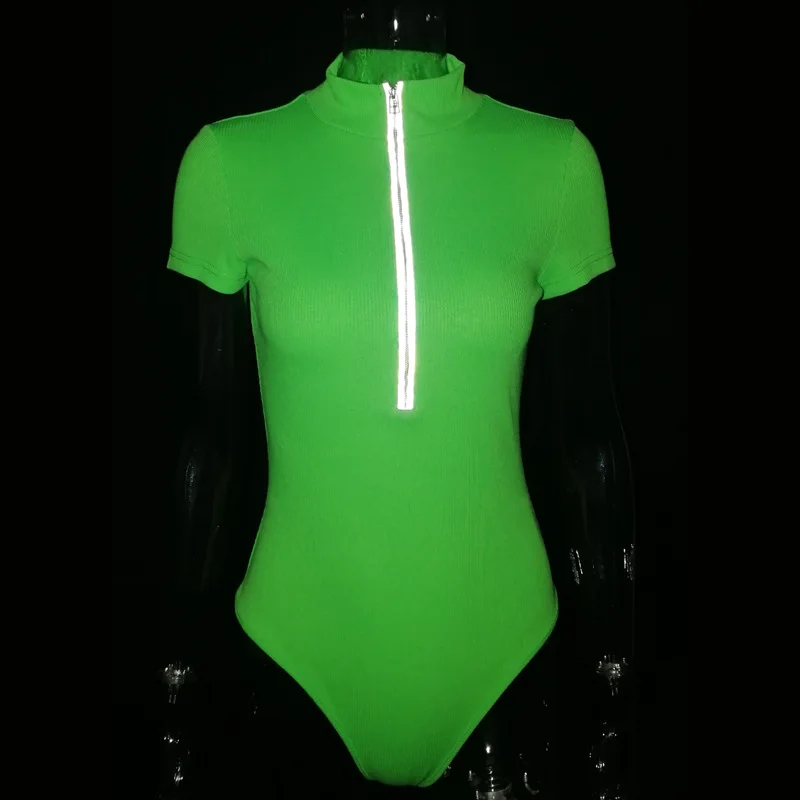 Latest Fashion Neon Color Polyester Front Zipper Short Sleeve Bodysuit