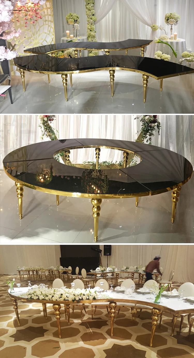 High Gloss mdf top gold legs half moon banquet table