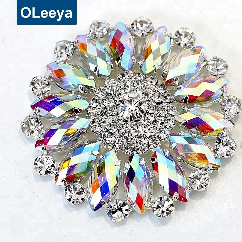 

Oleeya factory wholesale crystal ab rhinestone applique with silver base rhinestone button for garment accessories