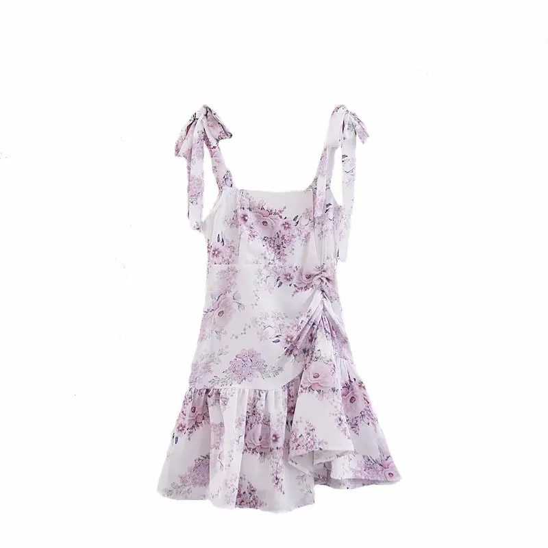

Korean style flower printed sexy lace up shoulder design short mini summer chiffon dresses for ladies