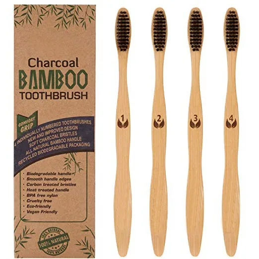 

Fda natural disposable eco custom logo oem 100% organic wholesale bamboo toothbrush set 4 pack with soft charcoal nylon bristle, Charcoal:only black;nylon: customized