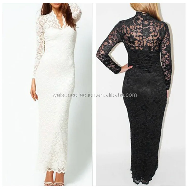 

2015 Fashion Lace Dress Long Sleeve V-Neck Woman Sexy Long Dress, Black;white