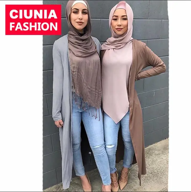 

171# Young Girls Fashion Muslim Muslim Jacket Design Open Abaya Outwear Kimono Long Cardigan Islamic Clothing For Women, Green/gray/brown/black/beige