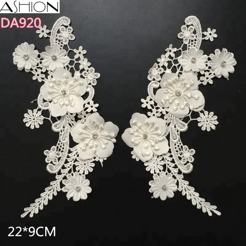 

3D rhinestone embroidered wedding dress water soluble bridal flower lace applique patch, White or customized