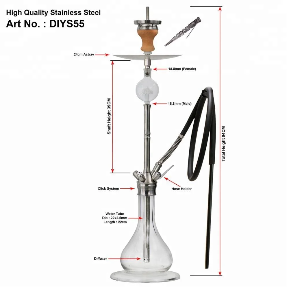 

Top Quality Hot Sale China Manufacture Hookah large 304 Stainless steel Click shisha, Metal stainless steel with transparent glass