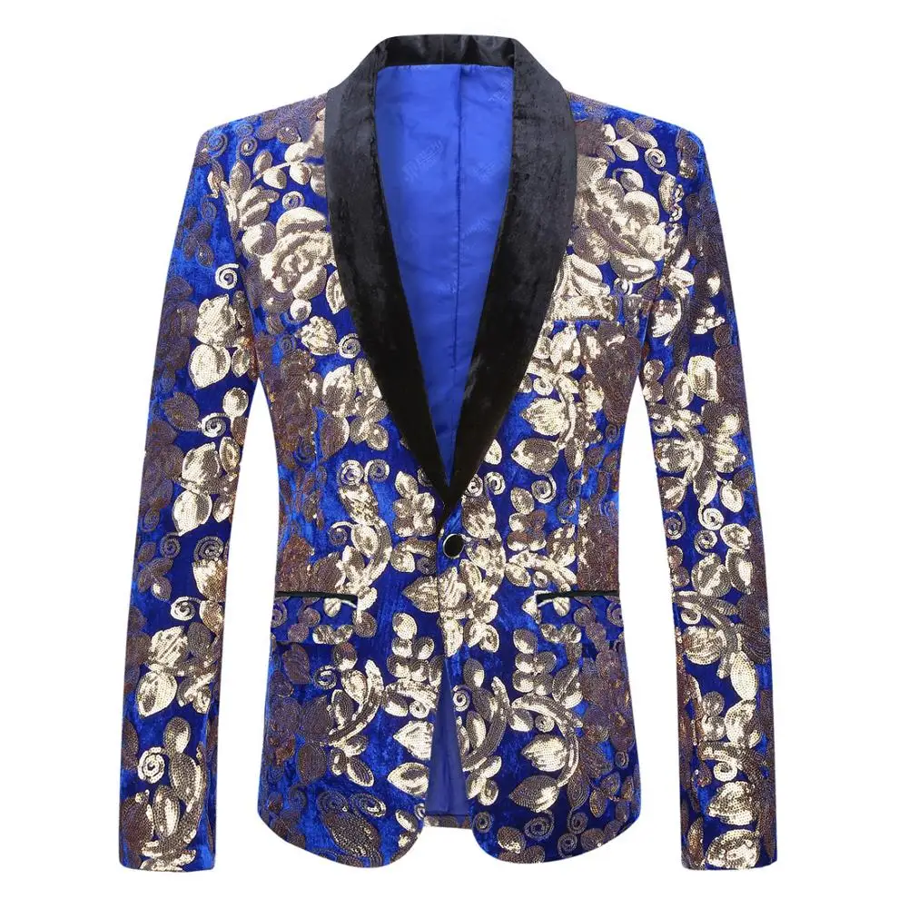 Mens Plus Size 5xl Fashion Shawl Lapel Floral Sequins Royal Blue