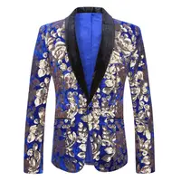 

Mens Plus Size 5XL Fashion Shawl Lapel Floral Sequins Royal Blue Velvet Slim Fit Blazer Stage Singer Wedding Suit Jacket