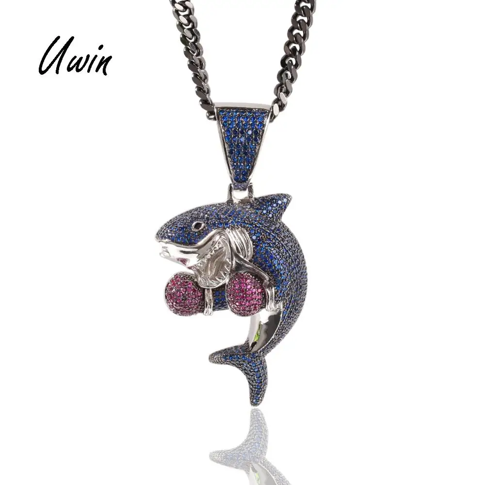 

Hiphop Colored Boxing Gloves Shark Pendant Iced Out Purple Blue Color Cubic Zircon Shark Pendant