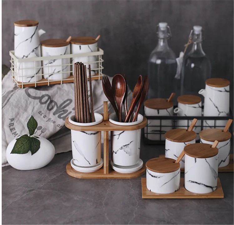 Restaurant condiment spice storage ceramic marble canister with stand and spoon 