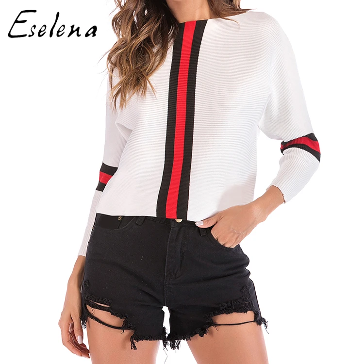 

Women Fashion Boat Neck Batwing Sleeves Patchwork Striped Knit sweater