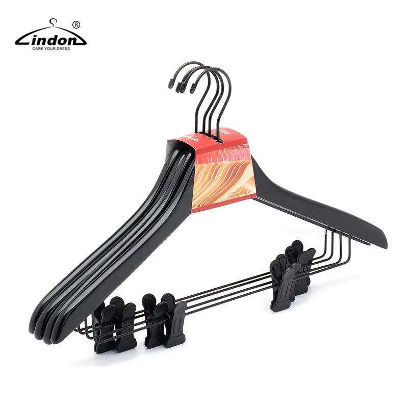 Wholesale Shiny Black Wood Clothes Hangers with Metal Clips.jpg