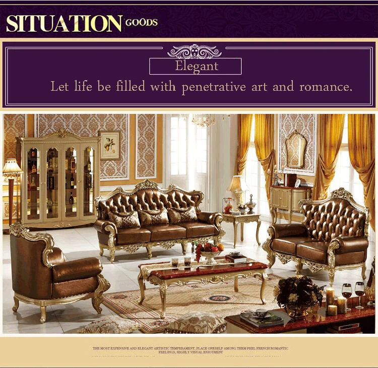 high quality European antique living room sofa furniture genuine leather set p10088