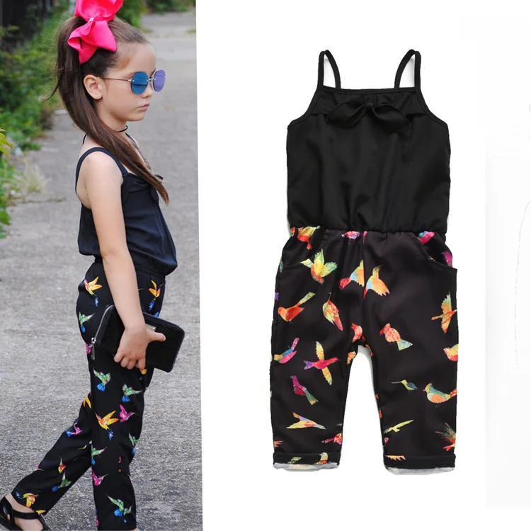 

2018 Fashion Little Girls Chiffon spaghetti Strap Black Bird Printed Romper Jumpsuits, As per picture showing