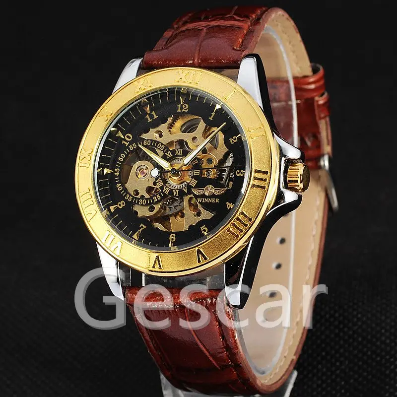 

winner-d229 original watch wholesale hollow out fashion leather mechanical movement watch for man, 4 colors