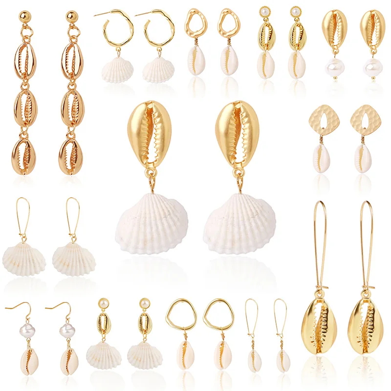 

2019 New Arrival Fashion Shell Earrings Set Pearl Pendant Earrings Beach Earrings Accessories for Women Girl Best Sell, As the picturs