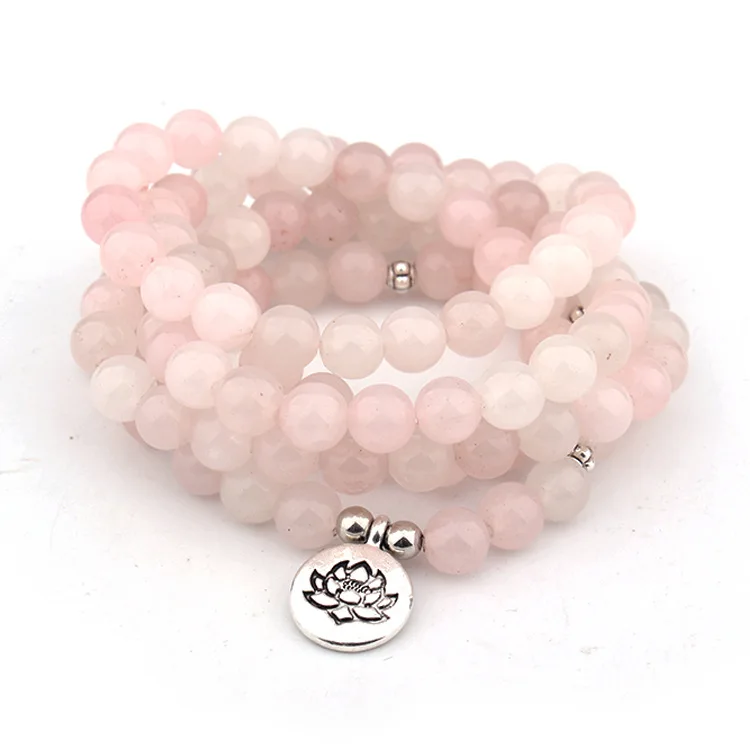 

GC-BC0335 Rose Quartz Round Bead Lotus Charm 108 Mala stretch stone bracelet, N/a